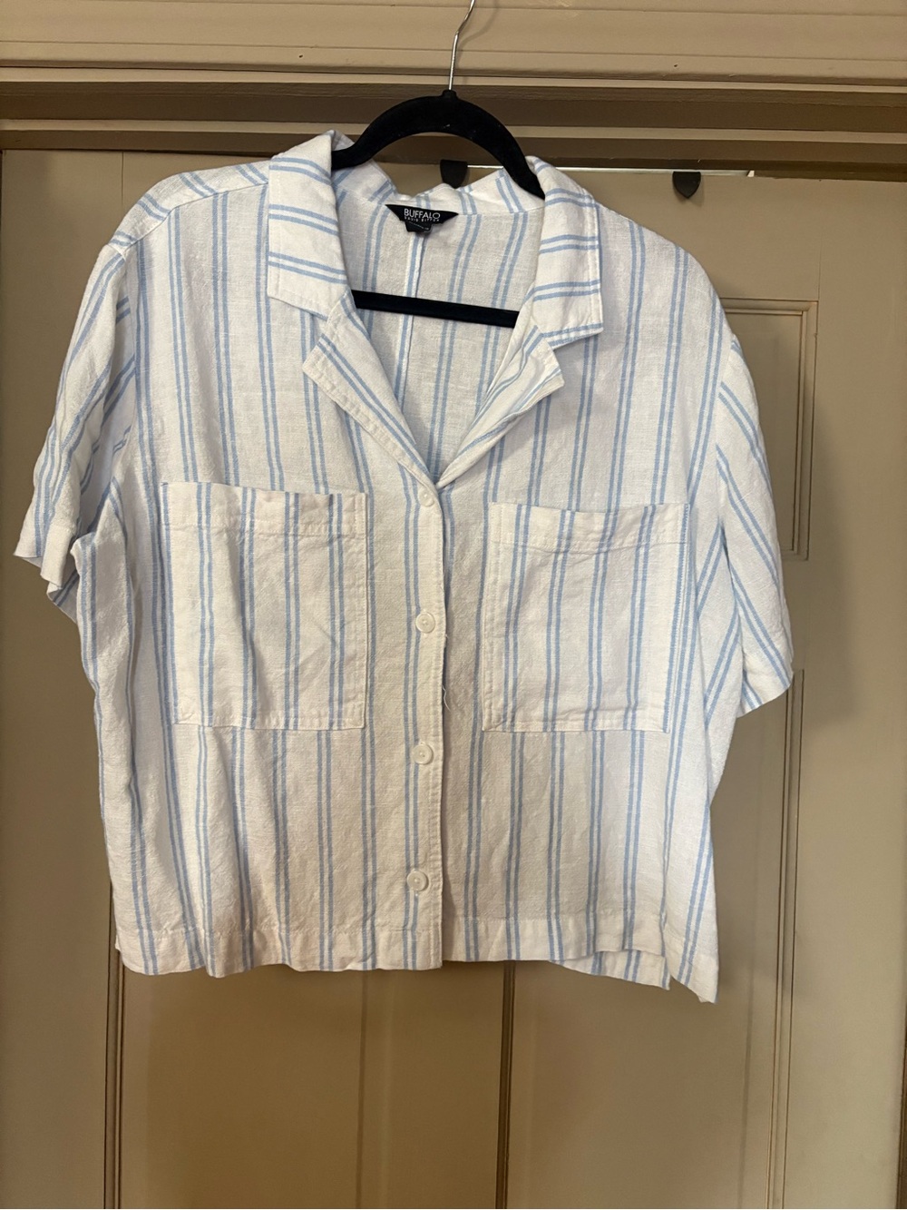 Buffalo David Bitton White and Light Blue Striped Short-Sleeve Button-Down